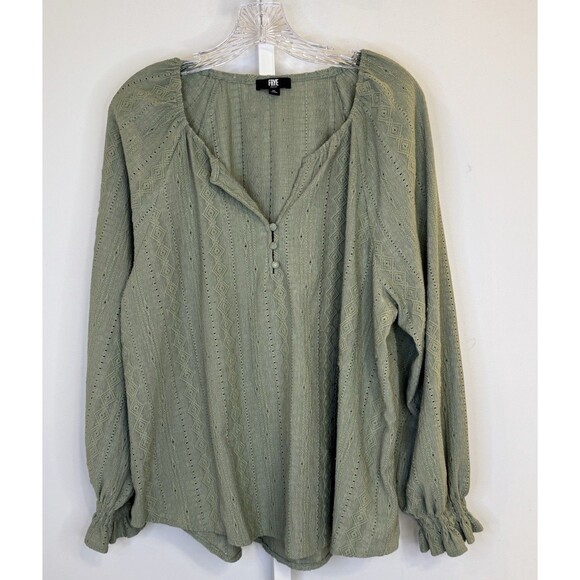 Frye Women’s XL Green Textured Boho Peasant Blouse Top Long Sleeve Button Front - Picture 1 of 9